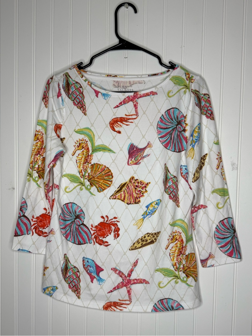 Talbots Bateau Neck 3/4 Sleeves Cotton Tee in Underwater World Print Size Small